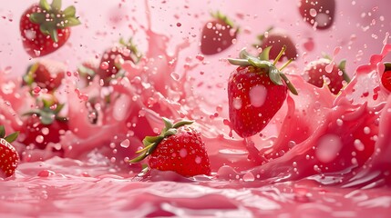 Fresh Strawberries and Splashes of Water on Pink Background
