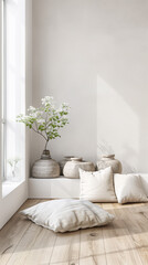 Fototapeta premium Meditation space in a room with serene vibes, minimal furniture and copyspace. Home interiors composition.