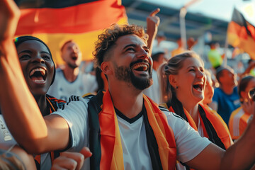 Excited football fans cheering in the stadium. Diverse group celebrating and showing support with enthusiastic expressions.