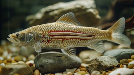 A fish with a red stripe on its side is sitting on a rock. The fish is surrounded by rocks and gravel.