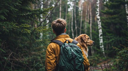 Person with dog hiking in forest