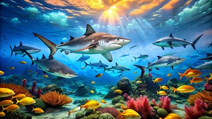 Obraz premium underwater view has a Beautiful colorful coral and shark