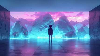 A person standing in front of a mountain range with a blue and pink sky in the background.