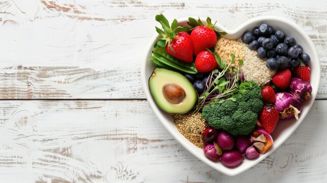 Nutritious and fresh foods in a heart-shaped bowl, promoting a healthy diet and cardiovascular wellness