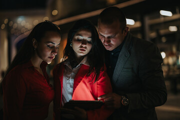 Three young corporate business partners collaborating and discussing ideas on a tablet while standing together outdoors at night.