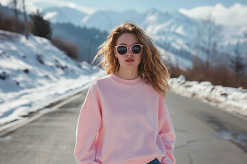 Sweatshirt mockup, female model with sunglasses and wavy hair wearing a pink sweatshirt on a road in the mountains during winter time, high definition, blurry background 