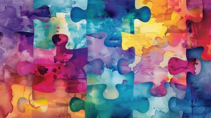 Abstract design featuring colorful puzzle pieces with watercolor textures, representing connection and unity