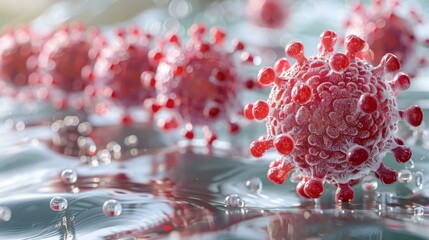 A close-up of pink and red bubbles in water, possibly a water drop or a cell. The bubbles are surrounded by water and have a slightly pinkish hue.