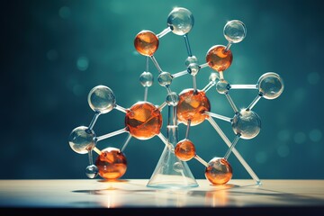 The molecular structure of chemical compounds and the concept of organic chemistry with an educational plastic model of ethanol molecules and a glass flask.