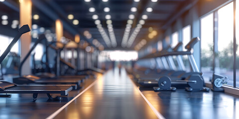 Interior of modern gym fitness room with large windows,Fitness center interior sunrays through the windows
