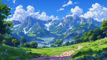 Obraz premium A serene scene of a mountain range with a trail leading through the valley, surrounded by lush greenery and a blue sky.