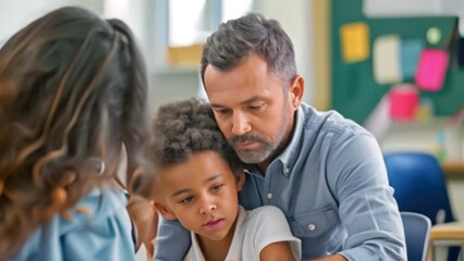 Compassionate teacher comforting a student, offering encouragement and support during a challenging moment in the classroom.