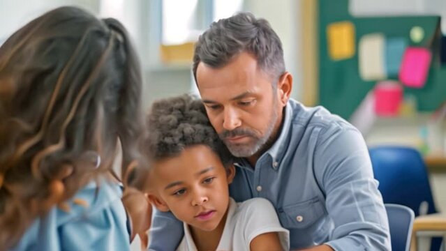 Compassionate teacher comforting a student, offering encouragement and support during a challenging moment in the classroom.