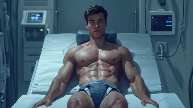 A shirtless man with a six pack is laying on a bed. He is wearing underwear and appears to be relaxed.