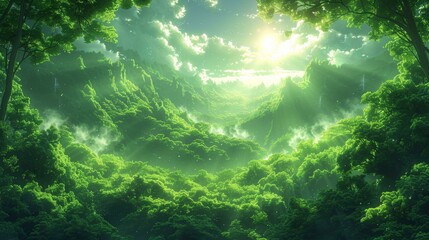 Obraz premium A vibrant green forest with a sunset in the background, creating a serene and picturesque scene.