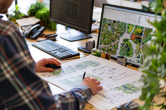 Landscape designer working in office with plans on paper near computer