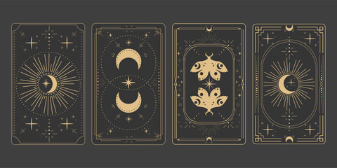 Tarot reverce border magic sacred cover card frame gold line border celelstial mystery esoteric decoration with moth stars and moon on dark background.