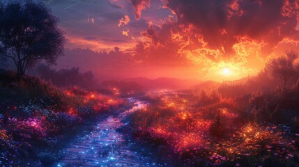 Obraz premium Ethereal Glow: Surreal Psychedelic Landscape with Luminous Plants and Dreamlike Colors