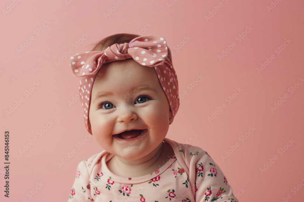 Wall mural Cheerful baby girl smiling over pink background with copy space