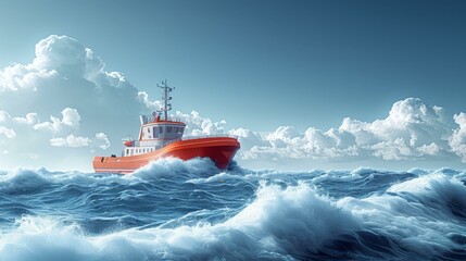 A red and white boat is sailing through the ocean, surrounded by waves and clouds.