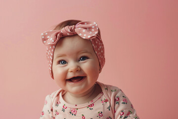 Cheerful baby girl smiling over pink background with copy space