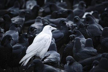 one white crow in flock of black crows, diversity concept