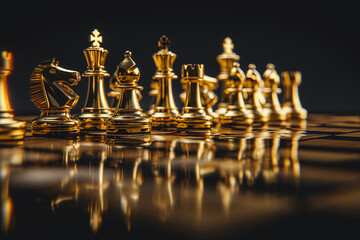 Luxurious gold chess pieces arranged on a glossy chessboard, reflecting light dramatically, generative ai