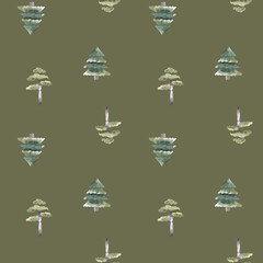 Fir Tree, spruce, pine watercolor seamless pattern illustration for kids. Nursery hand drawn green. For textile, fabric, wallpaper,