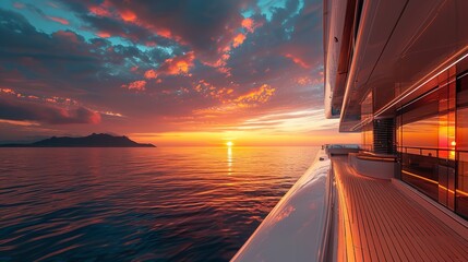 Obraz premium A lavish vessel resting in a calm harbor as dusk approaches. The rich richness and beauty of the yacht are highlighted on its deck, Generative AI.