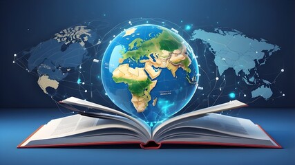 Global education in the future with a planet map and an open book on a blue background. AI-produced picture