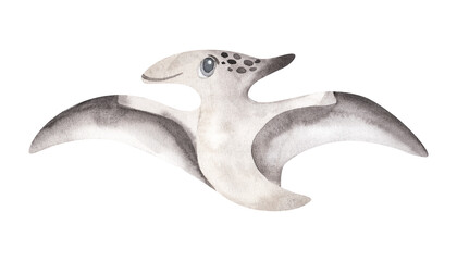 Pterodactyl brown and beige Dinosaur watercolor drawing isolated on white. Hand drawn cute illustration for kids fabric, textile, nursery wallpaper. Cute Baby dino kids design. © Elena