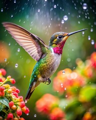 Obraz premium Ultra hd macro Colorful humming bird are flying near flowers and pecking at water droplets falling from beautiful wild flowers pollen.