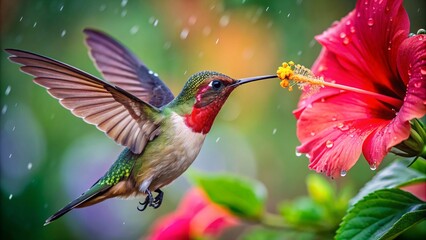 Fototapeta premium Colorful humming bird are flying near flowers and pecking at water droplets falling from beautiful wild flowers pollen.