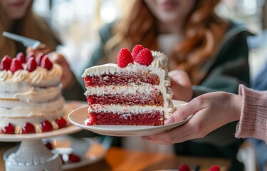 A close-up of a slice of delicious red velvet cake with raspberries on top, being served in a warm...