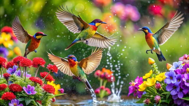 Fototapeta Colorful humming bird are flying near flowers and pecking at water droplets falling from beautiful  wild flowers pollen.