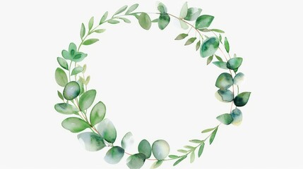 Fototapeta premium Watercolor baby blue eucalyptus wreath for wedding cards, silver dollar eucalyptus tree foliage in circle, herbs, leaves, branch, greenery frame. Decorative design elements in rustic elegant style