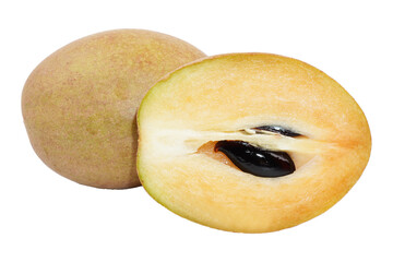 a whole and a half of ripe sapodilla isolated transparent