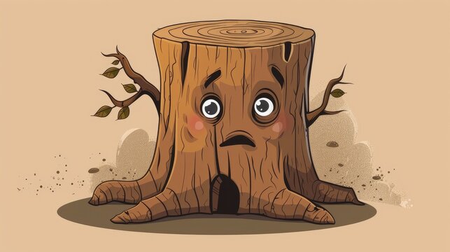 A whimsical cartoon drawing portraying a tree stump with a sorrowful face perfect for stickers mascots and logos revolving around the issue of illegal logging
