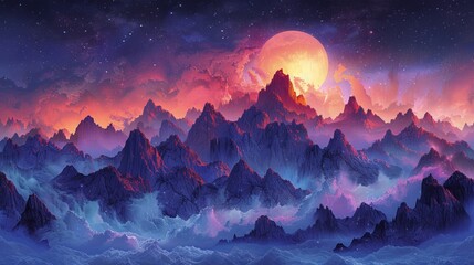 Enchanted Fantasy Landscape with Vibrant Pink and Blue Peaks under a Whimsical Starry Sky - Detailed Illustration of Magical Wonderland
