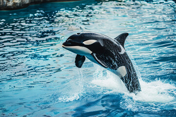 Killer whale jumping in blue water
