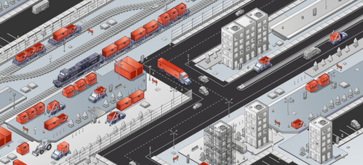 Isometric transport system in city. Vector illustration of train on railroad, truck, car, bus, tractor on urban roads, modern high-rise buildings, freight delivery logistic for goods export and import