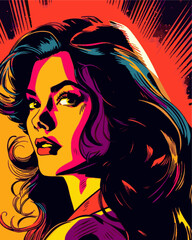 pop art, girl, vector art, comic shading, colorful, neon highlights, high contrast, illustration, background glow