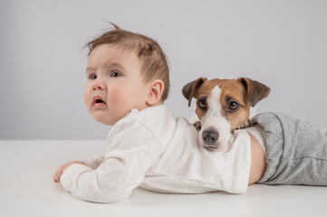 Cute baby boy and Jack Russell terrier dog lying in an embrace on a white background. 