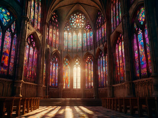 Fototapeta premium Sunlight streaming through a gothic cathedral on the solstice with detailed stained glass.