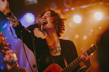Obraz premium A female artist is seen performing from a low vantage point, grinning and raising her hands to the crowd as she sings, Generative AI.