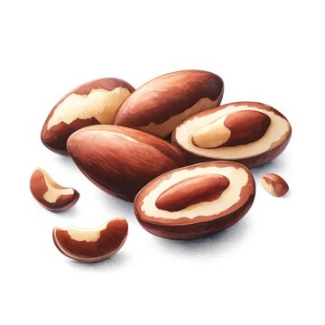  Watercolor illustration of Brazil nuts with their distinctive brown and white shell pattern, shown whole and in pieces on a white background. The illustration captures the nuts' smooth texture and ri