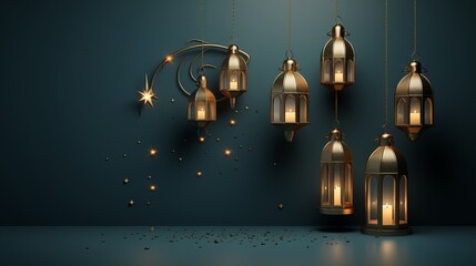 Eid mubarak glossy lanterns background dark wall with a lantern and candles in the dark