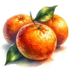 Watercolor illustration of tangerines with bright orange skin and green leaves. The fruits are set against a white background, showcasing their fresh and vibrant appearance.