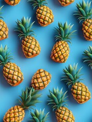 Seamless Summer Pineapple Pattern on Blue