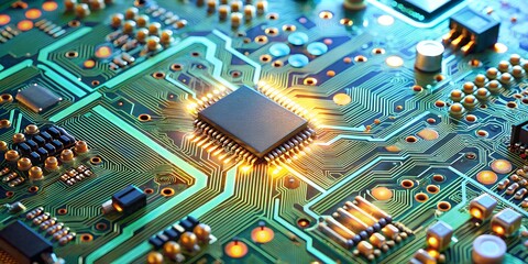 Close-Up einer Elektronikplatine mit Chip und Leiterbahnen - Elektronik f&uuml;r Signale und Steuerung von Abl&auml;ufen - Computer und Programmierung - Software Entwicklung
